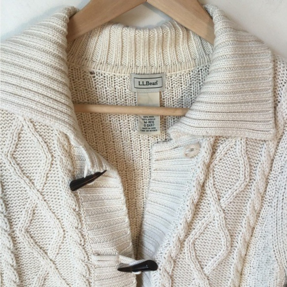 L.L. Bean Cream Wool Blend Long Cable-Knit Toggle Cardigan - Picture 4 of 5